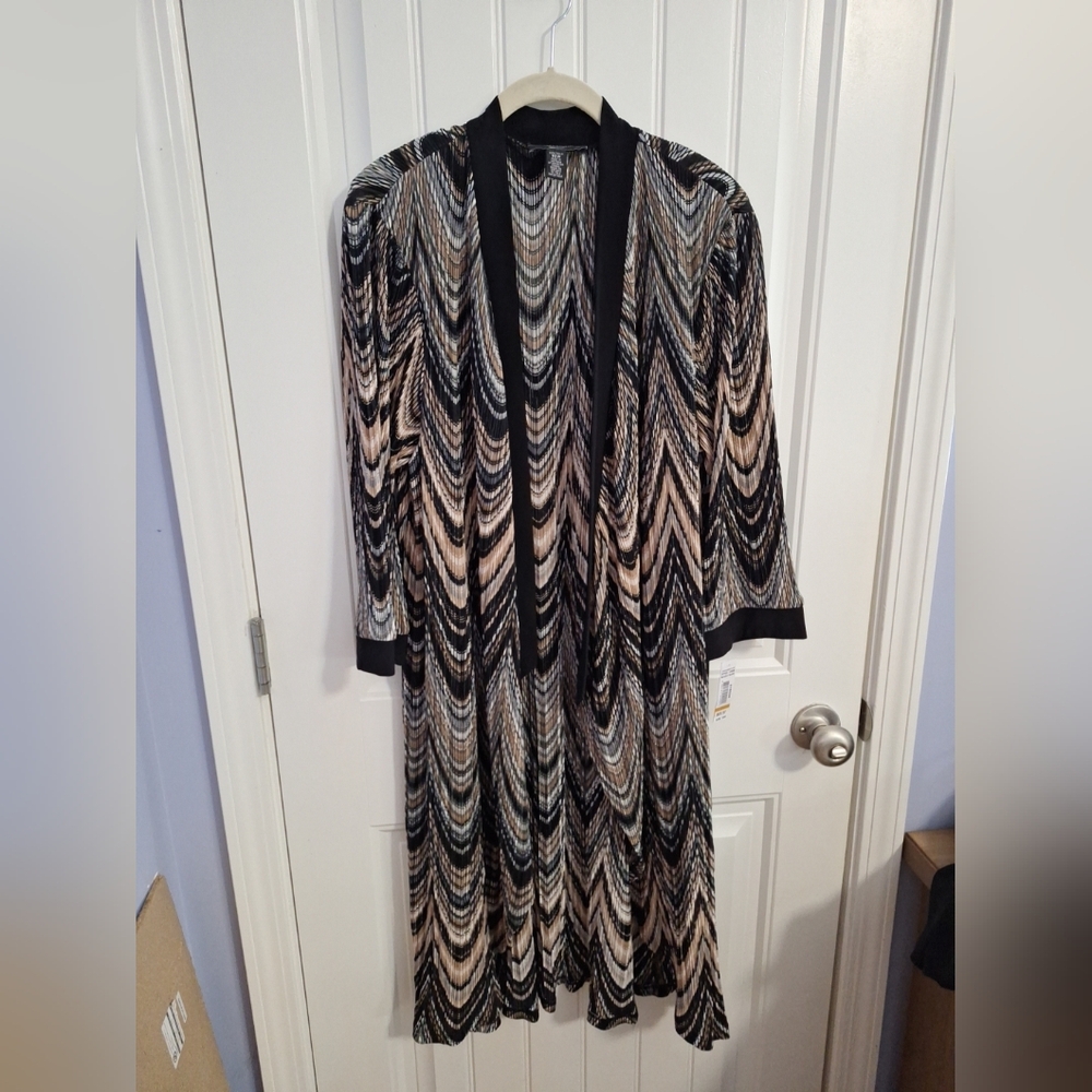 NWT R&M Richards Women's Black Taupe Wave Duster Jacket Size 16W Open 3/4 Sleeve